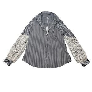 NWT Chico's Shirt Women's 1 Medium Black Poplin Stripe Crochet Striped Button Up